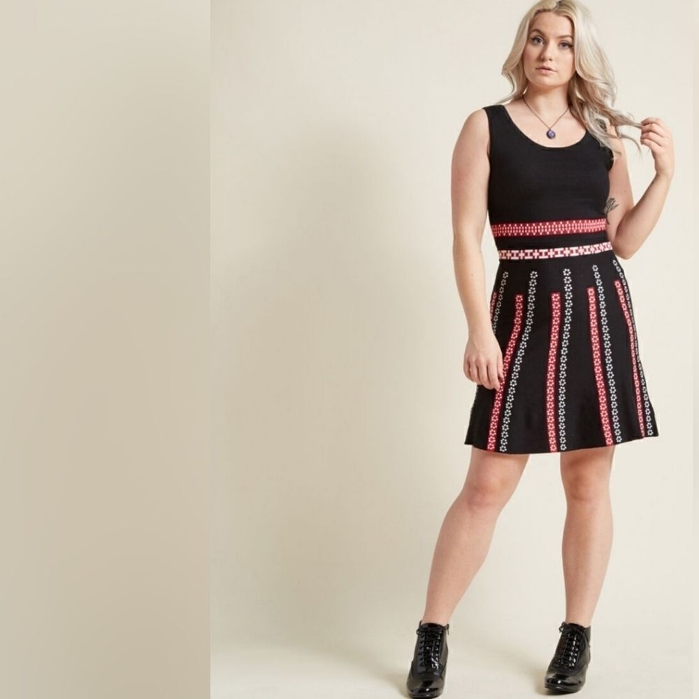 Modcloth A Line Swing Intarsia‎ Knit Sleeveless Sweater Midi Dress Black Red LG